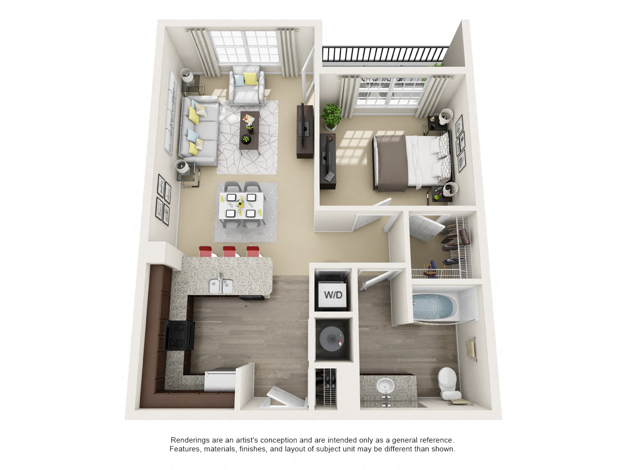 Floor plan for 1 bed, 1 bath, 738 sqft